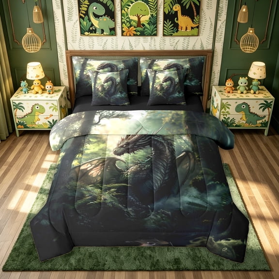 meiyoeat Jungle Forest Dragon Twin Bedding for Men Boys, Woodland Animal Bedding Comforter Set, Green, Black Reversible, 7pcs