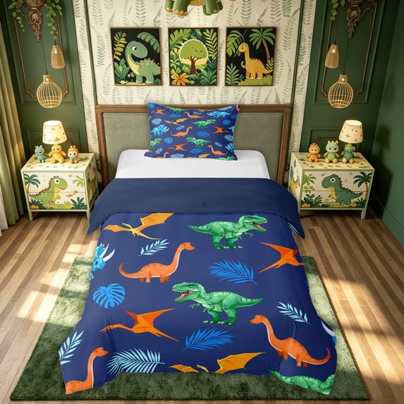 meiyoeat Jungle T-rex Dinosaur Twin Duvet Cover for Kids Bedding, Tropical Palm Dino Twin Bedding, Navy, Blue Reversible, 2 Pieces, 1 Duvet Cover and 1 Pillowcase