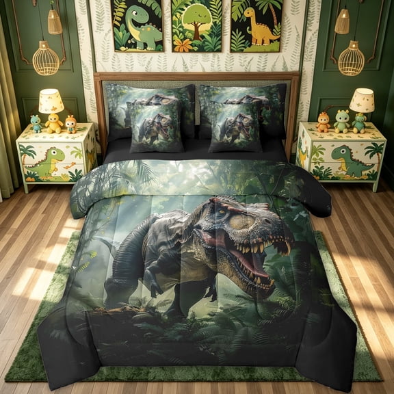 meiyoeat Jungle Tyrannosaurus Full Size Bedding Sets for Boys Men Kids, 3D Wildlife Animal Full Size Bed in a Bag, Green, Black Reversible, 7pcs