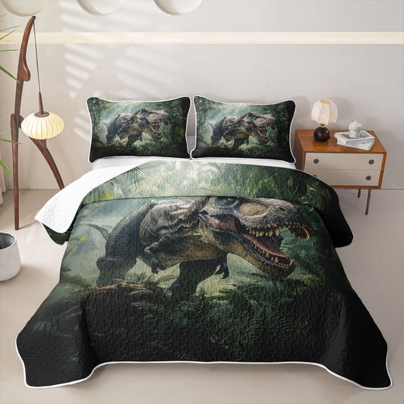 meiyoeat Jungle Tyrannosaurus Quilt Full for Boys Men, 3D Wildlife Animal Full Bedspread Sets, Green, 3pcs