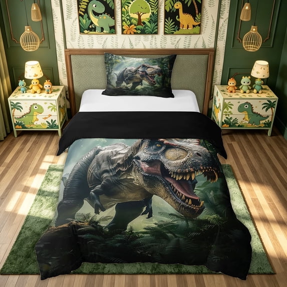 meiyoeat Jungle Tyrannosaurus Twin Duvet Cover for Boys Men Kids, 3D Wildlife Animal Twin Bedding, Green, Black Reversible, 2pcs, 1 Duvet Cover and 1 Pillowcase