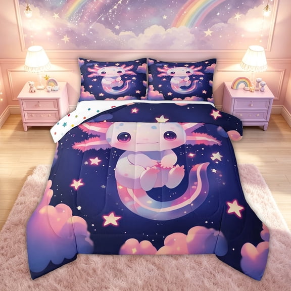 meiyoeat Kawaii Axolotl Full Size Comforter Sets for Kids Girls, Galaxy Star Cloud Bedding Comforter Set for Bedroom, Pink Blue, Polkadot Reversible, 3 Pieces