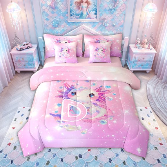 meiyoeat Kawaii Axolotl Letter D Full Size Bedding Sets for Boys Girls, Galaxy Animal Full Size Bed in a Bag, Pink Purple, Pink Reversible, 7-Piece