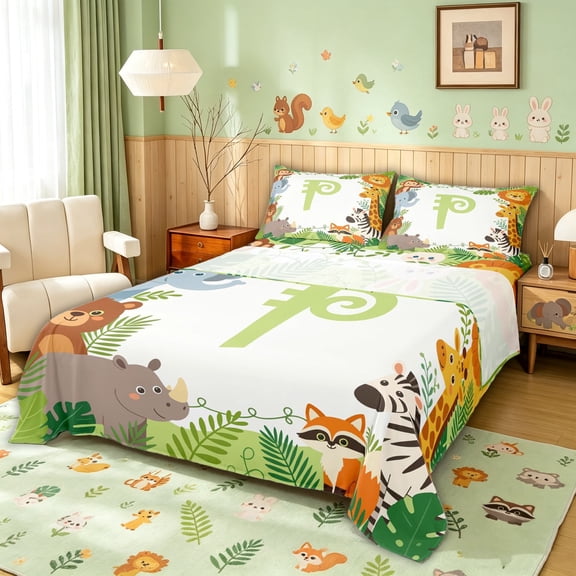 meiyoeat Kawaii Bear Lion Animal Bed Sheets for Girls, Green Palm Leaf Letter P Full Size Sheets, 4pcs, 1 Flat Sheet, 1 Fitted Sheet and 2 Pillowcases