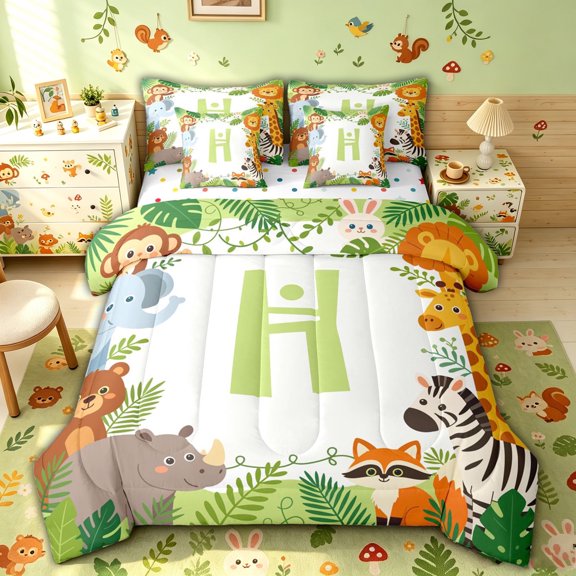 meiyoeat Kawaii Bear Lion Animal Twin Bedding for Girls, Green Palm Leaf Letter H Bedding Comforter Set, Polkadot Reversible, 7 Pieces