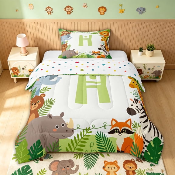 meiyoeat Kawaii Bear Lion Animal Twin Comforter Sets for Girls, Green Palm Leaf Letter H Bedding Set, Polkadot Reversible, 2 Pieces, 1 Comforter and 1 Pillowcase