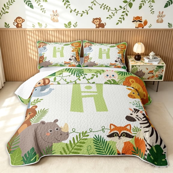 meiyoeat Kawaii Bear Lion Animal Twin Quilt Set for Girls, Green Palm Leaf Letter H Twin Coverlet Set, 2 Pieces, 1 Comforter and 1 Pillowcase