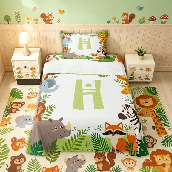 meiyoeat Kawaii Bear Lion Animal Twin Sheets for Girls, Green Palm Leaf Letter H Bedding, 3 Pieces, 1 Flat Sheet, 1 Fitted Sheet and 1 Pillowcase