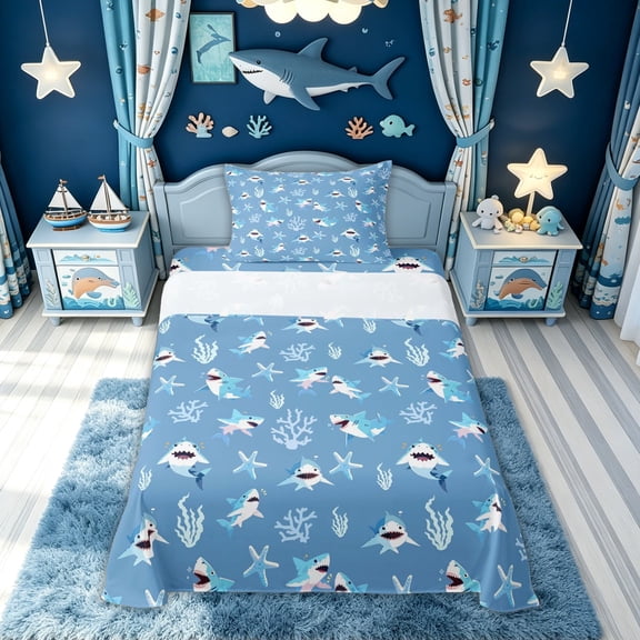 meiyoeat Kawaii Blue Cartoon Coral Shark Twin Sheets for Boys Girls, Cute Kids Starfish Marine Bedding, Blue, 3-Piece, 1 Flat Sheet, 1 Fitted Sheet and 1 Pillowcase