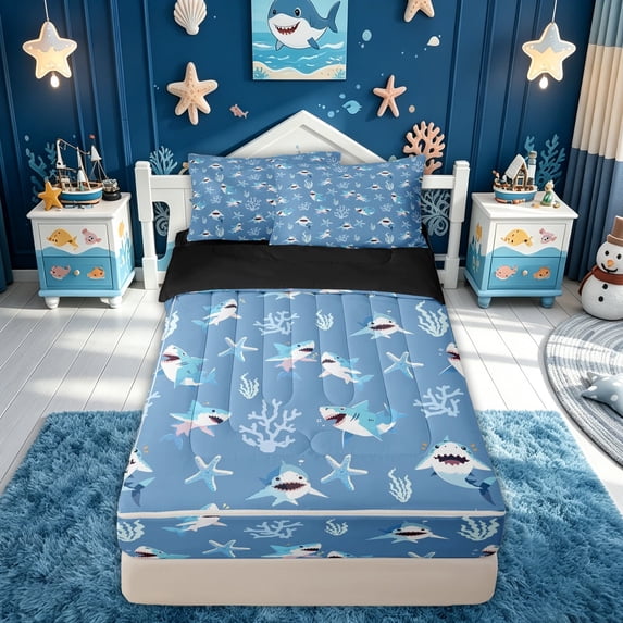 meiyoeat Kawaii Blue Cartoon Coral Shark Zipper Full Size Comforter Sets with Fitted Sheet and 2 Pillowcases, Cute Starfish Marine Zipper Bedding Set, Black Reversible, 4-Piece