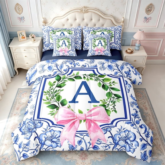 meiyoeat Kawaii Bow Abc Print A 7-Piece Twin Bedding,Personalized Monogrammed Themed Bedding Comforter Set For Girls,Navy Blue Reversible