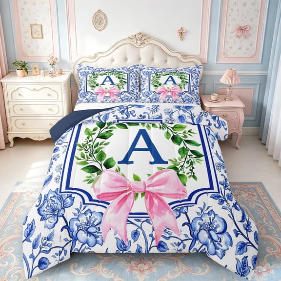 meiyoeat Kawaii Bow Abc Print A Full Size Comforter Sets,Personalized Monogrammed Themed Bedding Comforter Set For Girls,Navy Blue Reversible,3 Pieces,1 Comforter and 2 Pillowcases