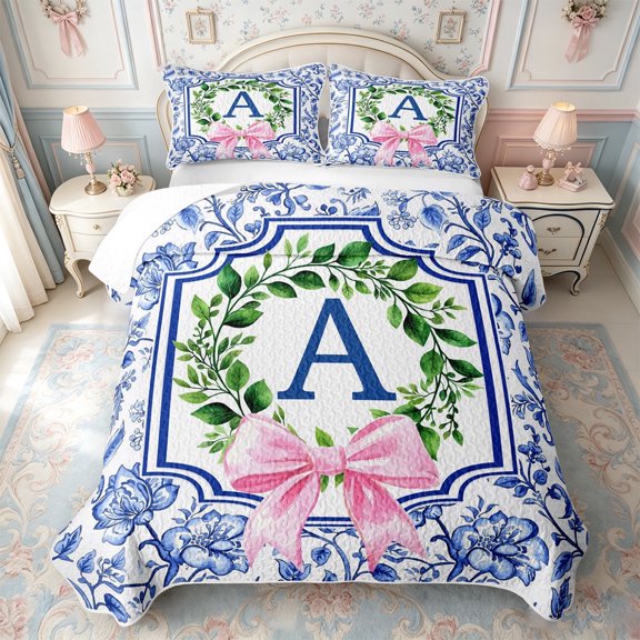 meiyoeat Kawaii Bow Abc Print A Quilt Full,Personalized Monogrammed Themed Full Bedspread Sets For Girls,3 Pieces,1 Coverlet and 2 Pillowcases