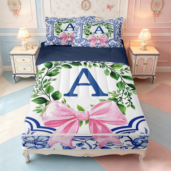 meiyoeat Kawaii Bow Abc Print A Zipper Twin Comforter Sets with Fitted Sheet and 2 Pillowcases,Personalized Monogrammed Themed Zipper Bedding Set For Girls,Navy Blue Reversible,4-Piece