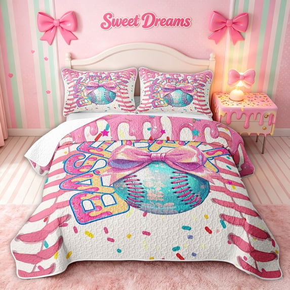 meiyoeat Kawaii Bowknot Baseball Quilt King for Girls, Sweet Bow Ice Cream King Coverlet Set, Pink Blue Yellow, 3-Piece, 1 Comforter and 2 Pillowcases