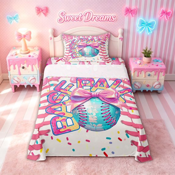 meiyoeat Kawaii Bowknot Baseball Twin Sheets for Girls, Sweet Bow Ice Cream Bedding, Pink Blue Yellow, 3-Piece, 1 Flat Sheet, 1 Fitted Sheet and 1 Pillowcase