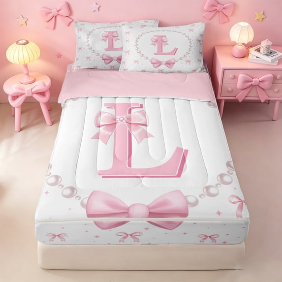meiyoeat Kawaii Bowtie Zipper Full Size Comforter Sets with Fitted Sheet and 2 Pillowcases For Girls,Modern Personalized Initial L Zipper Bedding Set For Kids,Pink Reversible,4-Piece