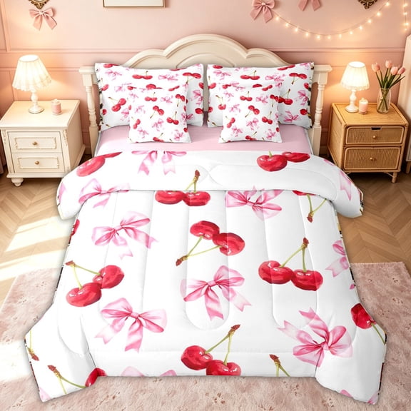 meiyoeat Kawaii Cherry Full Size Bedding Sets for Kids Girls, Pink Bow Ribbon Full Size Bed in a Bag for Bedroom, Pink Reversible, 7 Pieces
