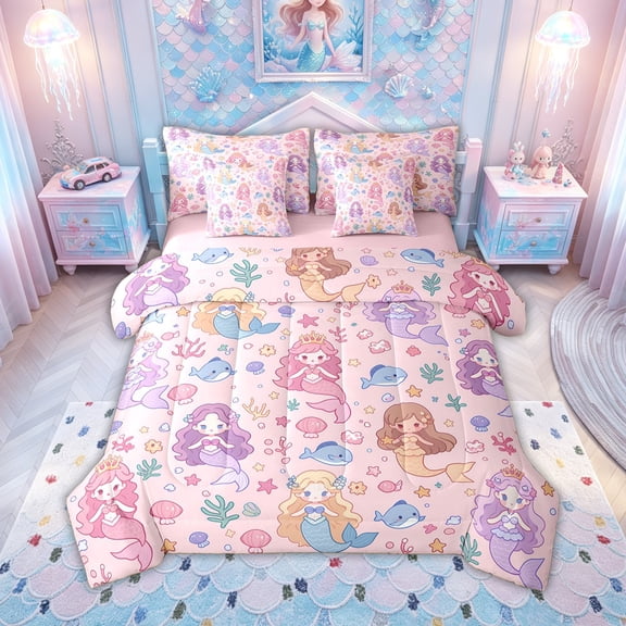 meiyoeat Kawaii Crown Mermaid Princess Twin Bedding for Kids Girls, Dolphin Star Coral Fairy Bedding Comforter Set, Pink Purple, Pink Reversible, 7pcs