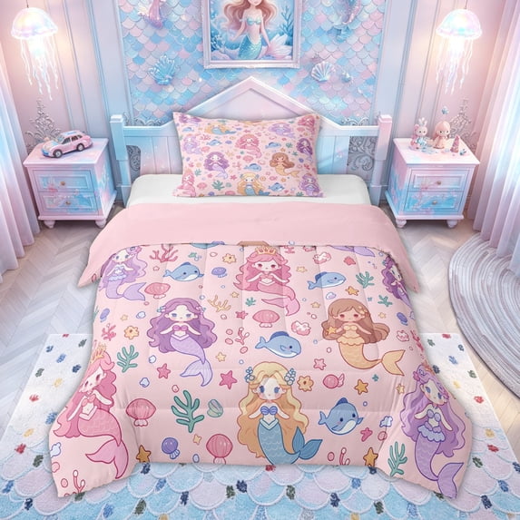 meiyoeat Kawaii Crown Mermaid Princess Twin Comforter Sets for Kids Girls, Dolphin Star Coral Fairy Bedding Set, Pink Purple, Pink Reversible, 2pcs, 1 Comforter and 1 Pillowcase