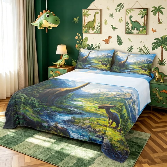 meiyoeat Kawaii Dinosaur Animal Bed Sheets for Girls Boys Teens, Nature Wildlife Full Size Sheets, 4 Pieces, 1 Flat Sheet, 1 Fitted Sheet and 2 Pillowcases