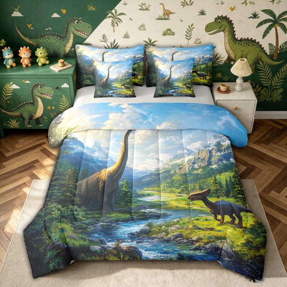 meiyoeat Kawaii Dinosaur Animal Full Size Bedding Sets for Girls Boys Teens, Nature Wildlife Full Size Bed in a Bag, Grey Reversible, 7 Pieces