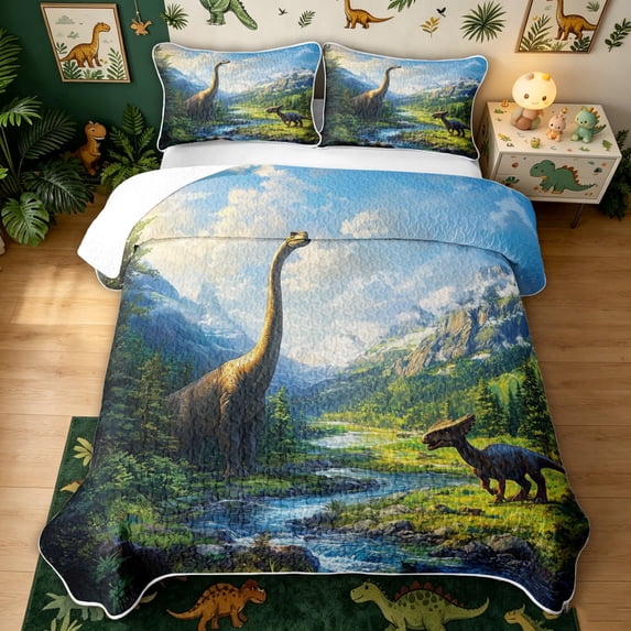 meiyoeat Kawaii Dinosaur Animal Quilt Full for Girls Boys Teens, Nature Wildlife Full Bedspread Sets, 3 Pieces, 1 Comforter and 2 Pillowcases
