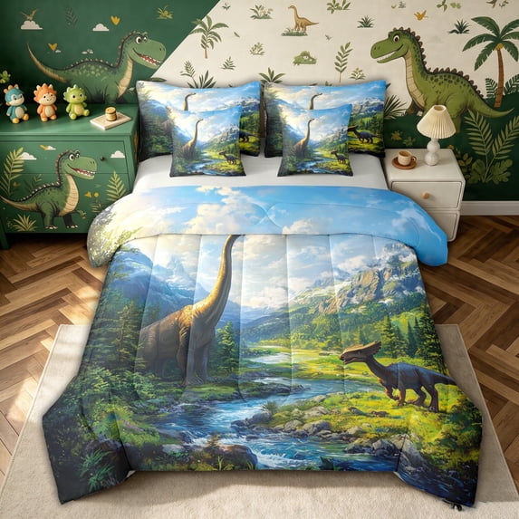 meiyoeat Kawaii Dinosaur Animal Twin Bedding for Girls Boys Teens, Nature Wildlife Bedding Comforter Set, Grey Reversible, 7 Pieces