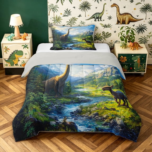 meiyoeat Kawaii Dinosaur Animal Twin Comforter Sets for Girls Boys Teens, Nature Wildlife Bedding Set, Grey Reversible, 2 Pieces, 1 Comforter and 1 Pillowcase