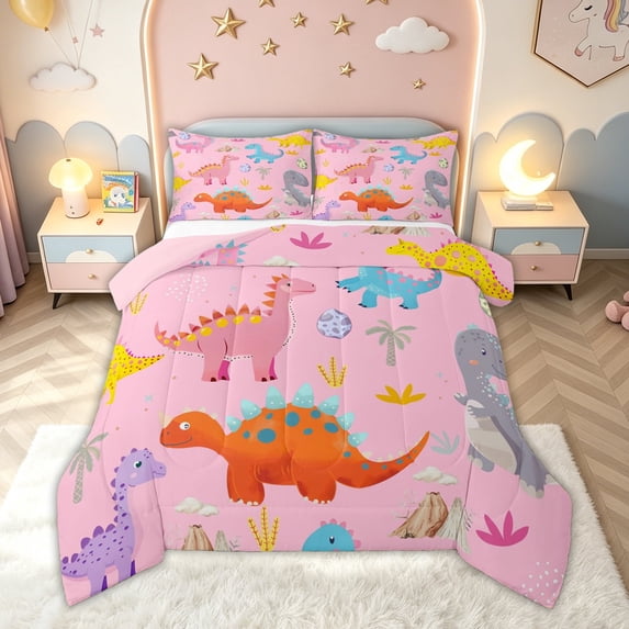 meiyoeat Kawaii Dinosaur Full Size Comforter Sets for Girls Kids, Volcano Dino Bedding Comforter Set, Pink, Pink Reversible, 3-Piece, 1 Comforter and 2 Pillowcases