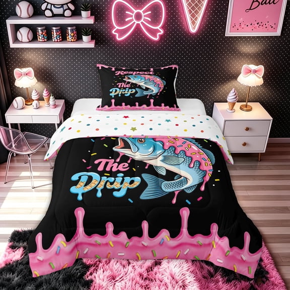 meiyoeat Kawaii Fishing Bass Twin Comforter Sets for Kids Boys Girls, Black Pink Ice Cream Drip Bedding Set, Polkadot Reversible, 2 Pieces, 1 Comforter and 1 Pillowcase