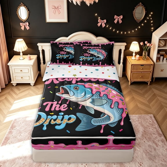 meiyoeat Kawaii Fishing Bass Zipper Twin Comforter Sets with Fitted Sheet and 2 Pillowcases for Kids Boys Girls, Black Pink Ice Cream Drip Zipper Bedding Set, Polkadot Reversible, 4 Pieces