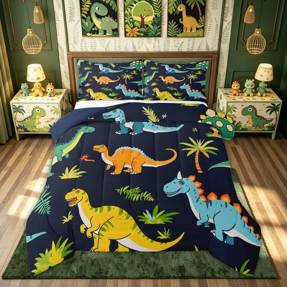 meiyoeat Kawaii Forest Dino Queen Comforter Set, Woodland T-rex Wildlife Comforter Sets Queen, Navy, Blue Reversible, 3pcs, 1 Comforter and 2 Pillowcases