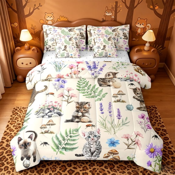 meiyoeat Kawaii Kitten 7-Piece Twin Bedding,Watercolor Floral Rustic Mushroom Bedding Comforter Set For Girl,Reversible