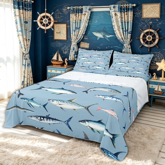 meiyoeat Kawaii Ocean Fish Bed Sheets for Kids Boys Girls, Watercolor Marine Animal Full Size Sheets, Sky Blue, 4pcs, 1 Flat Sheet, 1 Fitted Sheet and 2 Pillowcases