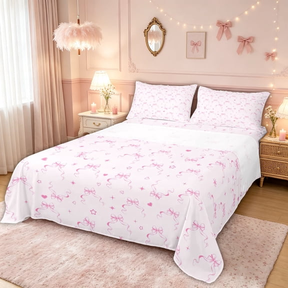 meiyoeat Kawaii Princess Bow Bed Sheets for Kids Girls, Pink Love Hearts Stars Full Size Sheets for Bedroom, 4 Pieces