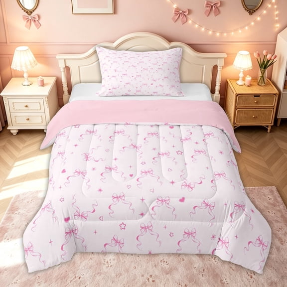 meiyoeat Kawaii Princess Bow Twin Comforter Sets for Kids Girls, Pink Love Hearts Stars Bedding Set for Bedroom, Pink Reversible, 2 Pieces