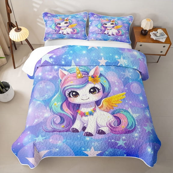 meiyoeat Kawaii Rainbow Unicorn Quilt Full For Girls,Colorful Cute Stars Print Full Bedspread Sets For Kids,3 Pieces