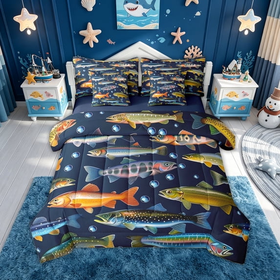 meiyoeat Kawaii Rustic Pike Fish Full Size Bedding Sets for Men Boys, Rustic Lake Animal Full Size Bed in a Bag, Navy, Blue Reversible, 7-Piece