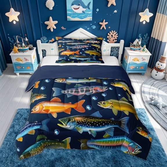 meiyoeat Kawaii Rustic Pike Fish Twin Comforter Sets for Men Boys, Rustic Lake Animal Bedding Set, Navy, Blue Reversible, 2-Piece, 1 Comforter and 1 Pillowcase