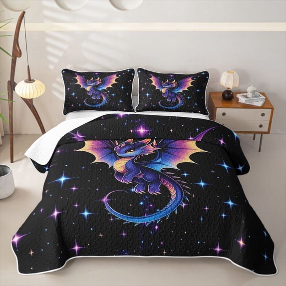 meiyoeat Kawaii Space Dragon Twin Quilt Set for Boys Girls, Galaxy Starry Satrs Twin Coverlet Set, Purple Blue, 2pcs
