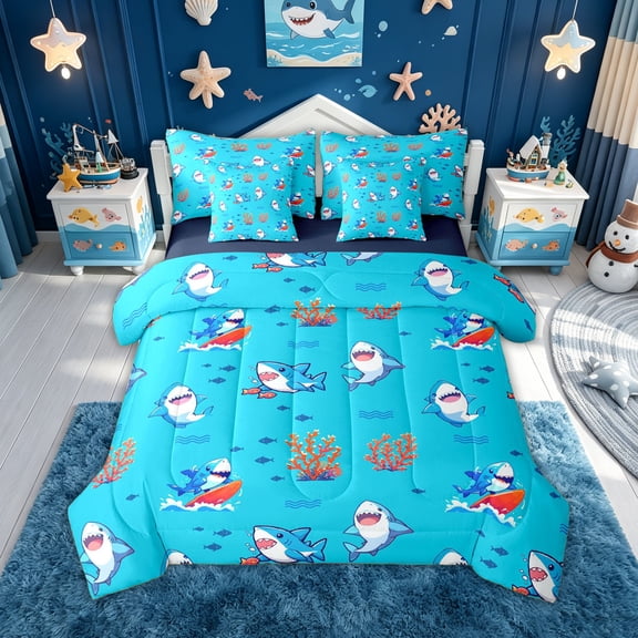 meiyoeat Kawaii Surfing Cartoon Shark Twin Bedding for Boys Girls, Summer Beach Marine Wildlife Bedding Comforter Set, Blue, Blue Reversible, 7-Piece