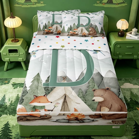 meiyoeat Kids Camper Gifts Zipper Full Size Comforter Sets with Fitted Sheet and 2 Pillowcases For Boys,Jungle Animal Bear Alphabet D Print Zipper Bedding Set,Polkadot Reversible,4 Pieces