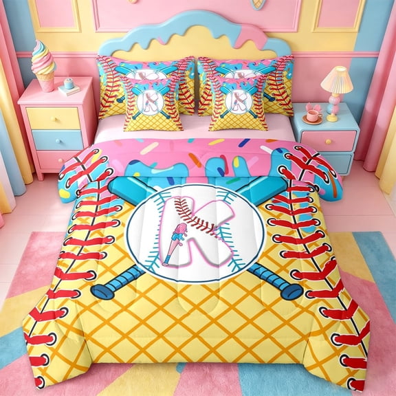meiyoeat Kids Personalized Monogrammed Gifts 7-Piece Twin Bedding Sets For Girls,Baseball Theme First Letter K Bedding Comforter Set For Boys,pink Reversible