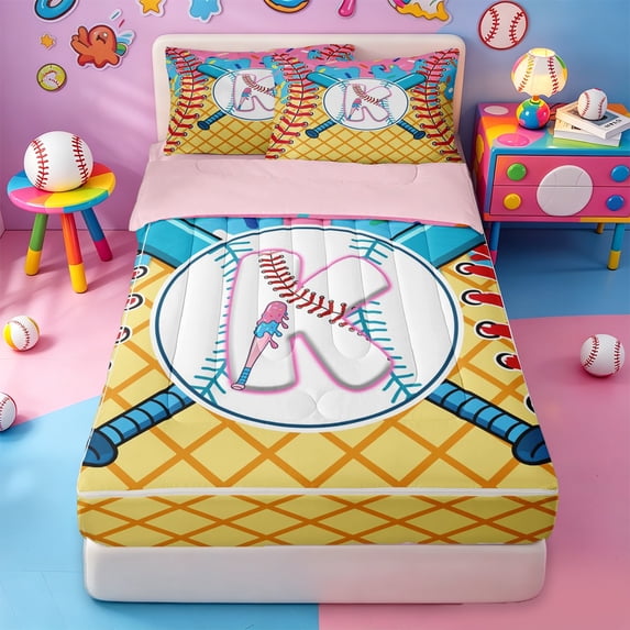 meiyoeat Kids Personalized Monogrammed Gifts Zipper Twin Comforter Sets with Fitted Sheet and 2 Pillowcases For Girls,Baseball Theme First Letter K Zipper Bedding Set For Boys,pink Reversible,4-Piece