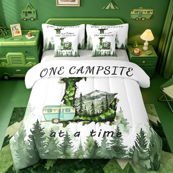 meiyoeat Kids Travel Adventure Camper 7-Piece Twin Bedding For Boys,Initial Letter L Bedding Comforter Set,Light Gray Reversible