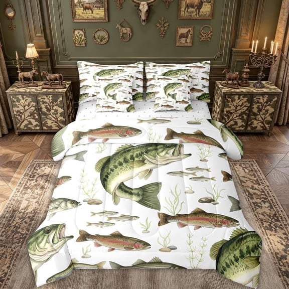 meiyoeat Largemouth Bass Fishing Twin Bedding for Men, Natural Stream Marine Bedding Comforter Set, Green, Reversible, 7-Piece