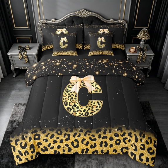 meiyoeat Leopard Bow Monogram C 7 Pieces Full Size Bedding Sets,Chic Glitter Print Letter Design Full Size Bed in a Bag For Girl,Black Reversible