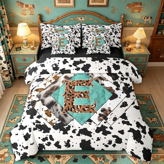 meiyoeat Leopard Cow Print Initial E 7Pcs Queen Bedding For Boys,Rustic Farmhouse Style Bedding Comforter Set Queen,Black Reversible