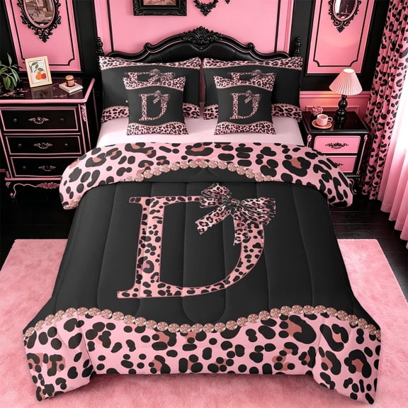 meiyoeat Leopard Pattern Alphabet D Print 7 Pieces Bedding Comforter Set For Girls,Pink Chic Bow Tie Full Bedding Set For Kids,pink Reversible